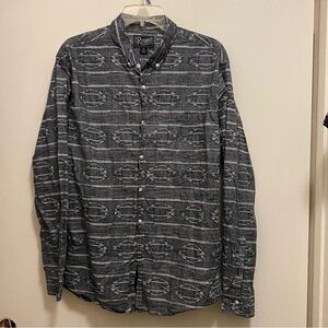 Retrofit Mens Button Down Shirt L 44” Large Black & Gray Print Long Sleeve